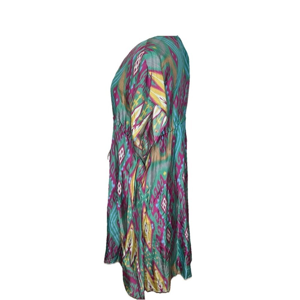 Figue Dress L Womens Multicolor Ikat Silk V Neck Short Sleeve Kaftan Tie Beach - Picture 4 of 12